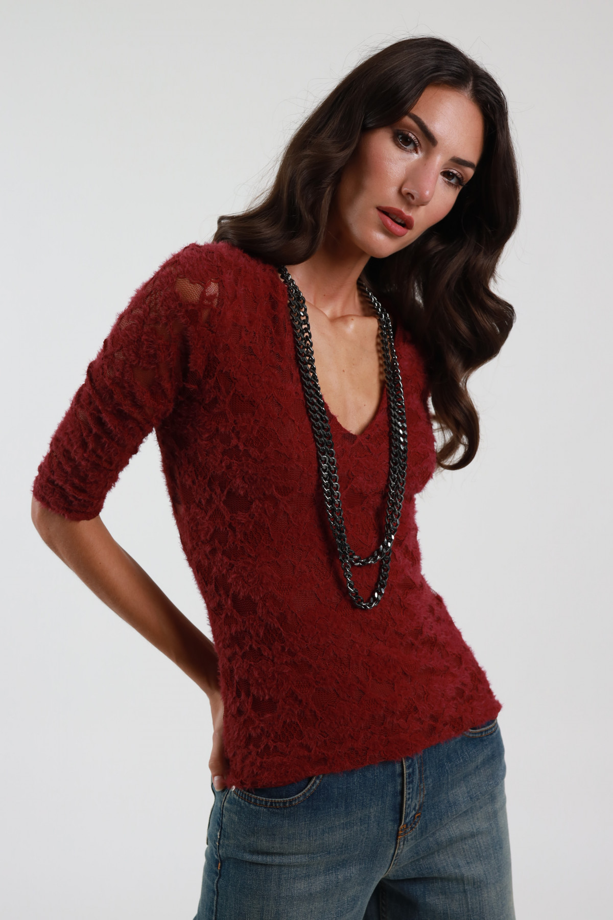 V-Neck Lace Sweater