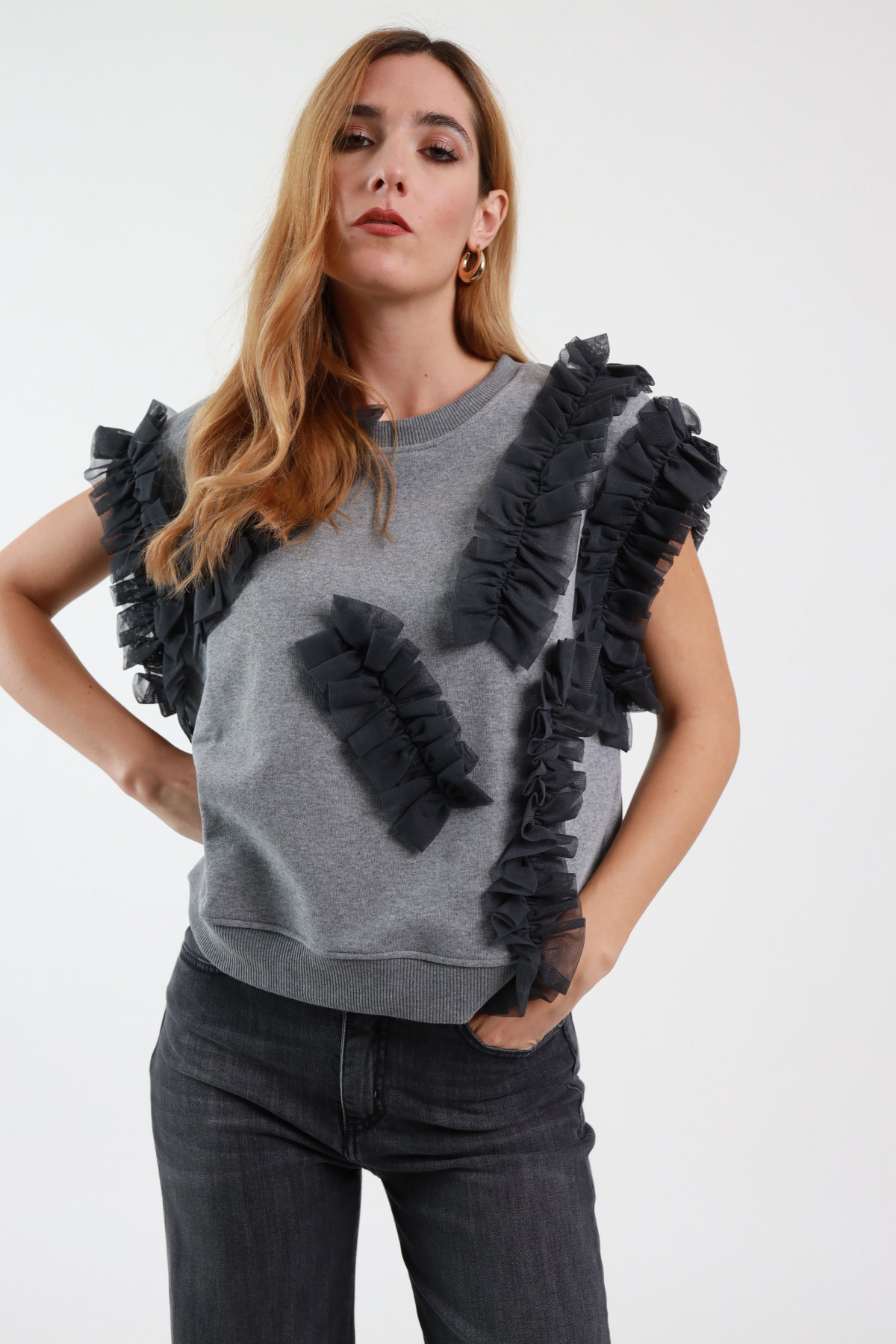 Sleeveless Sweatshirt with Tulle Detail