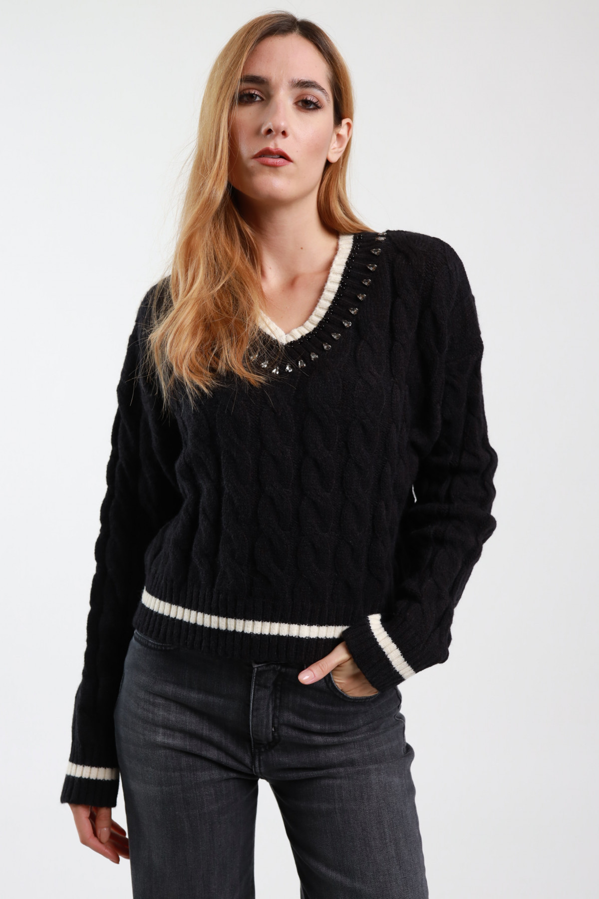 V-Neck Braided Sweater