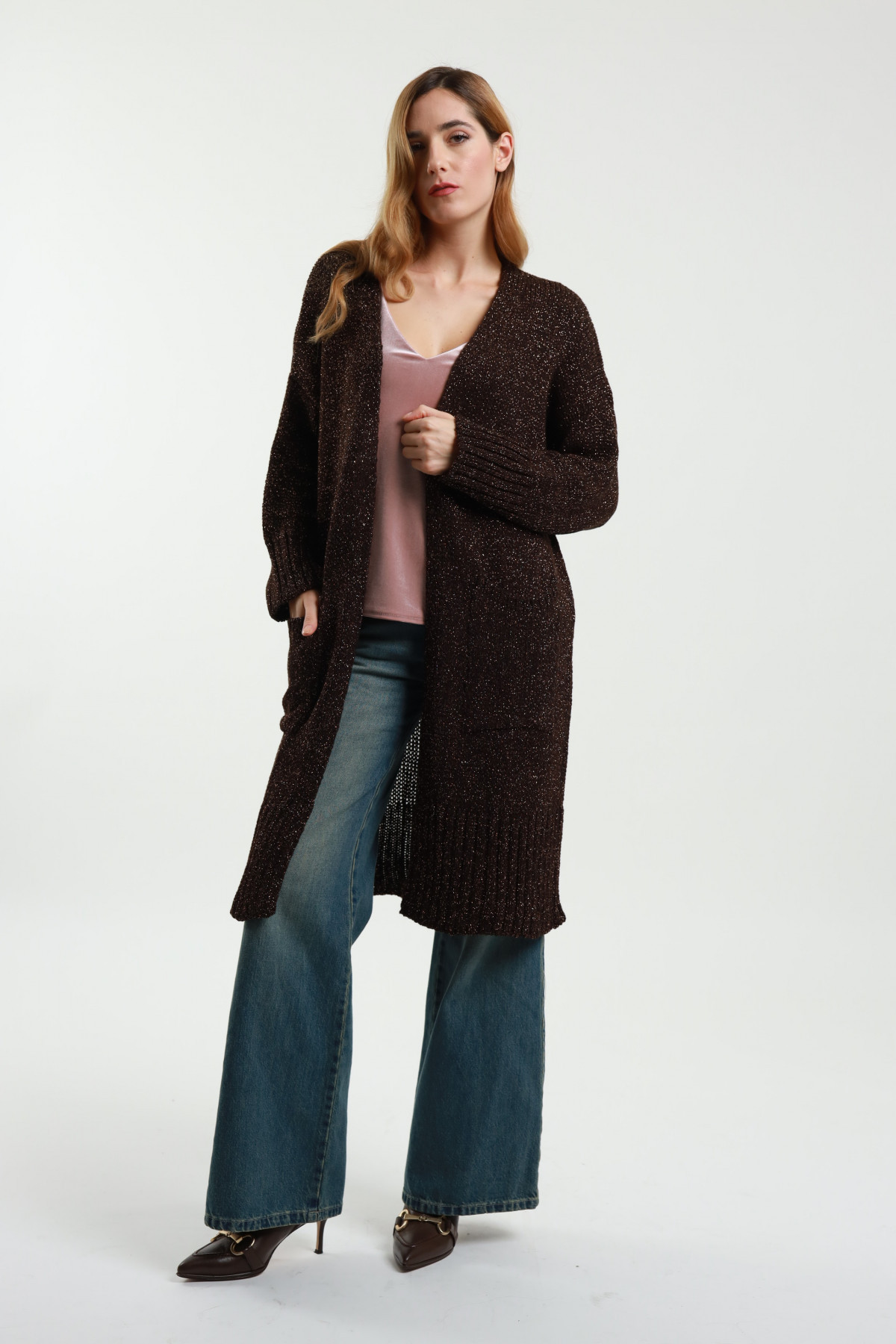 Lange Strickjacke aus Lurex