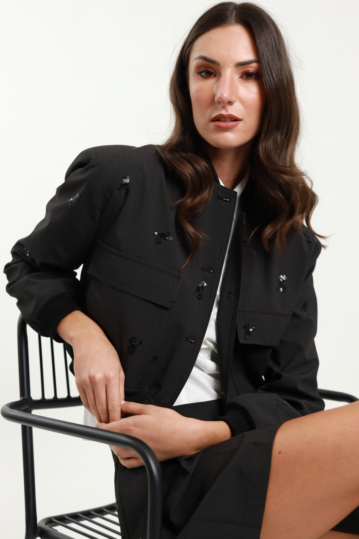 Pinstripe Bomber Jacket With Sequin Embroidery