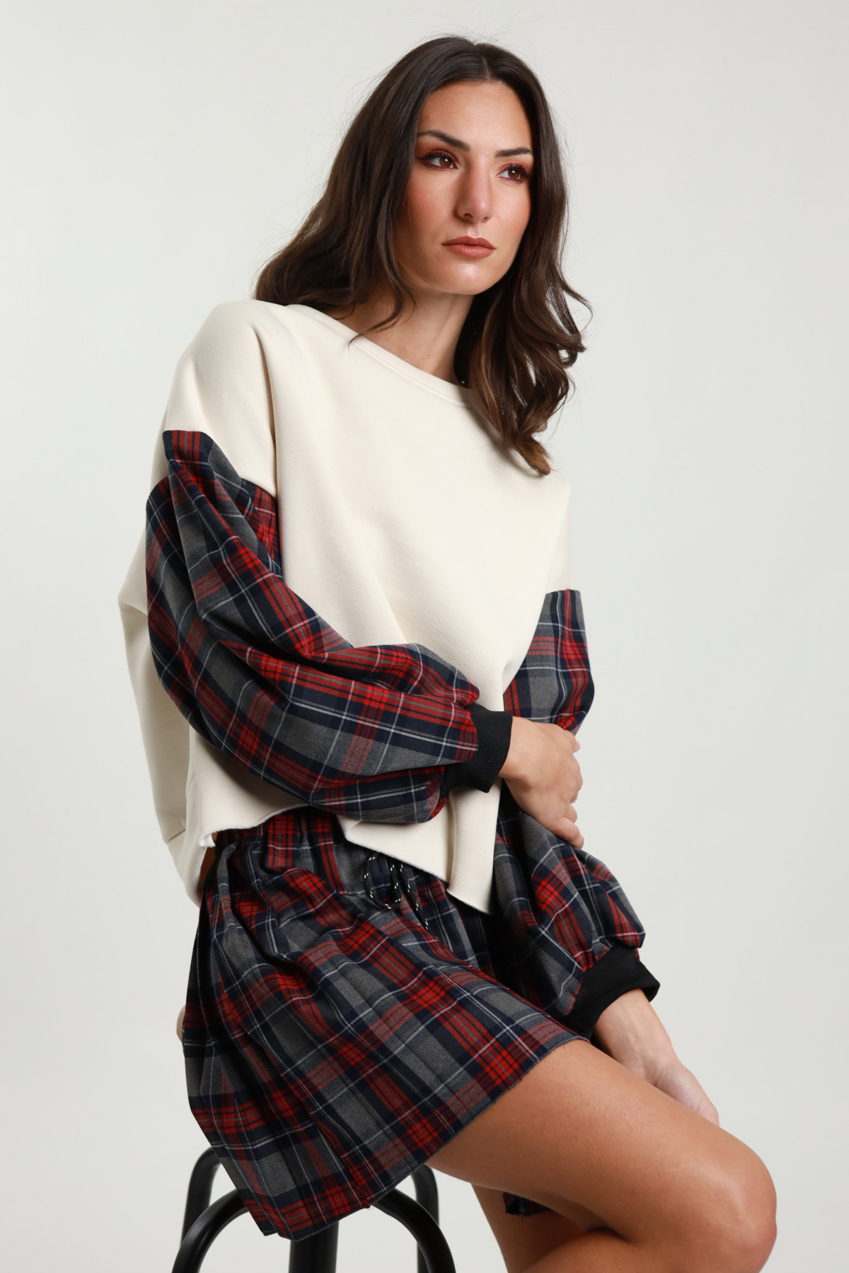 Checked Sleeve Sweatshirt