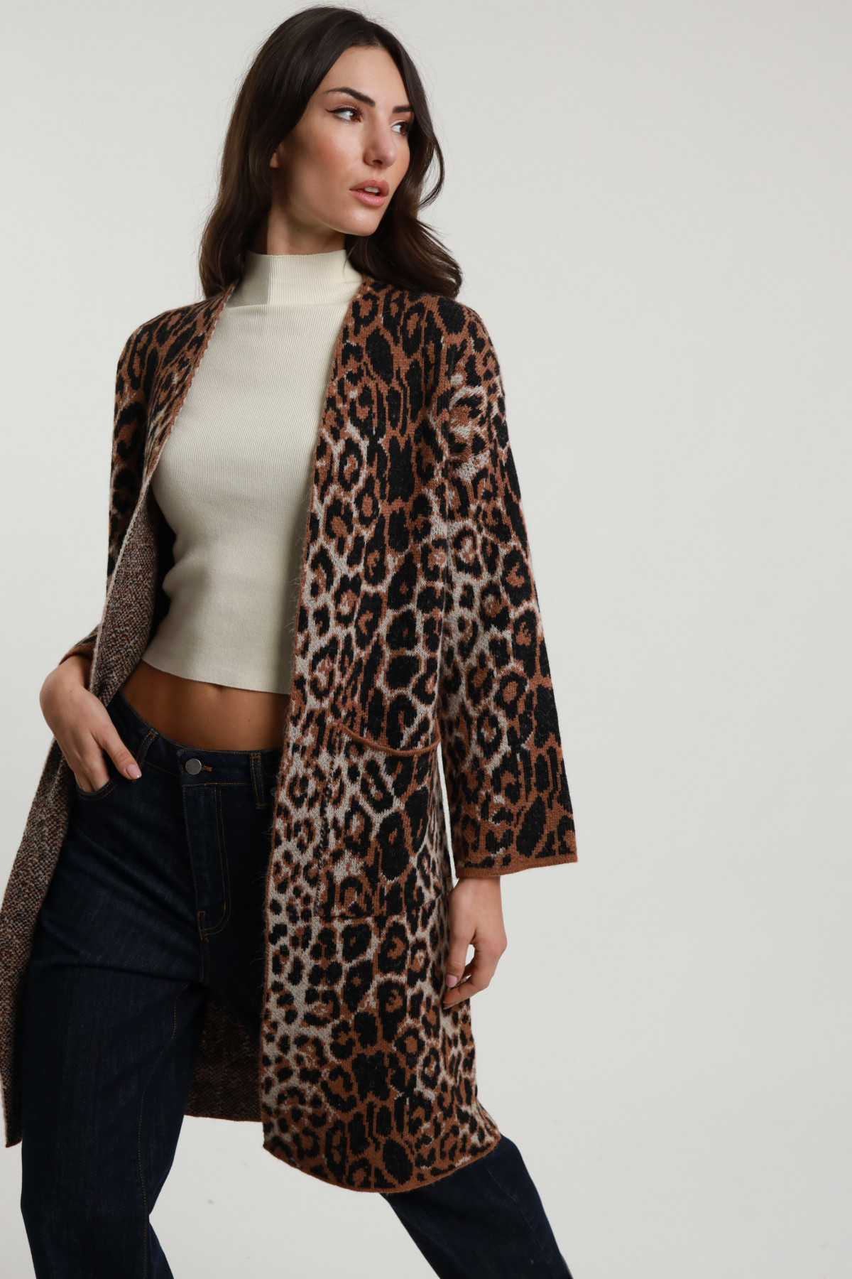 Long Cardigan in Jacquard Animalier Pattern