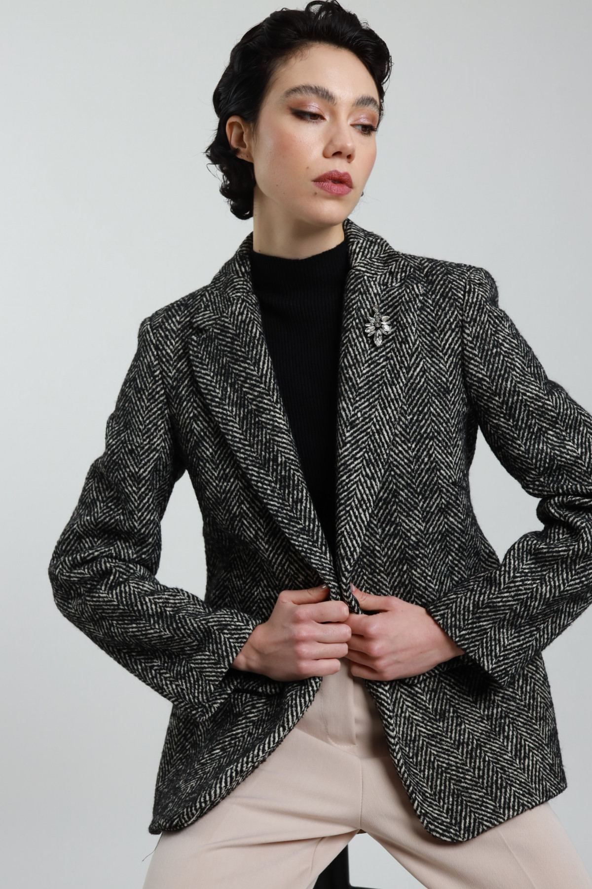 Herringbone Blazer with Brooch