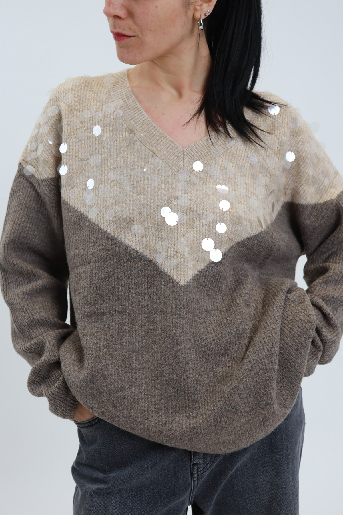 Maglia Scollo V Con Paillettes Grandi