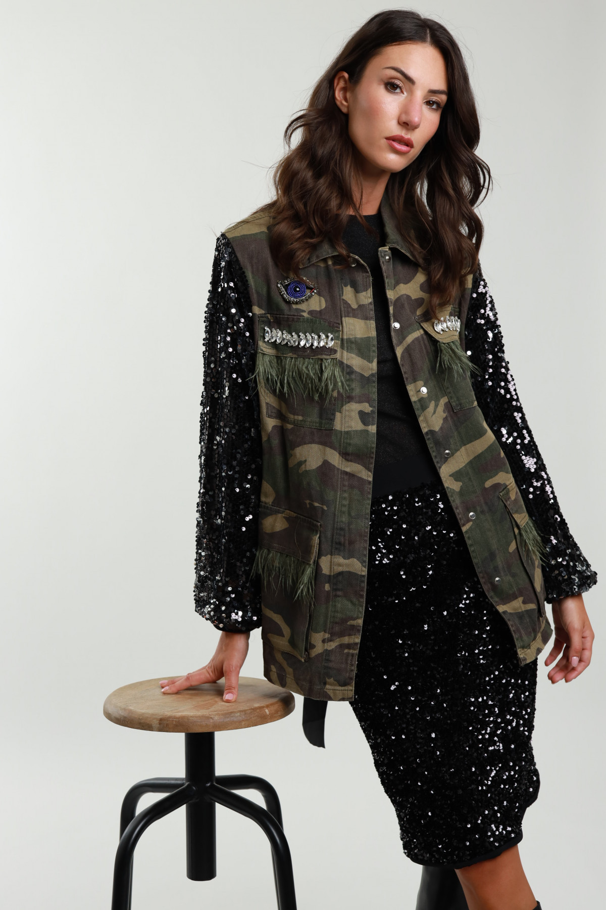 Camouflage Jacket And Sequined Sleeves
