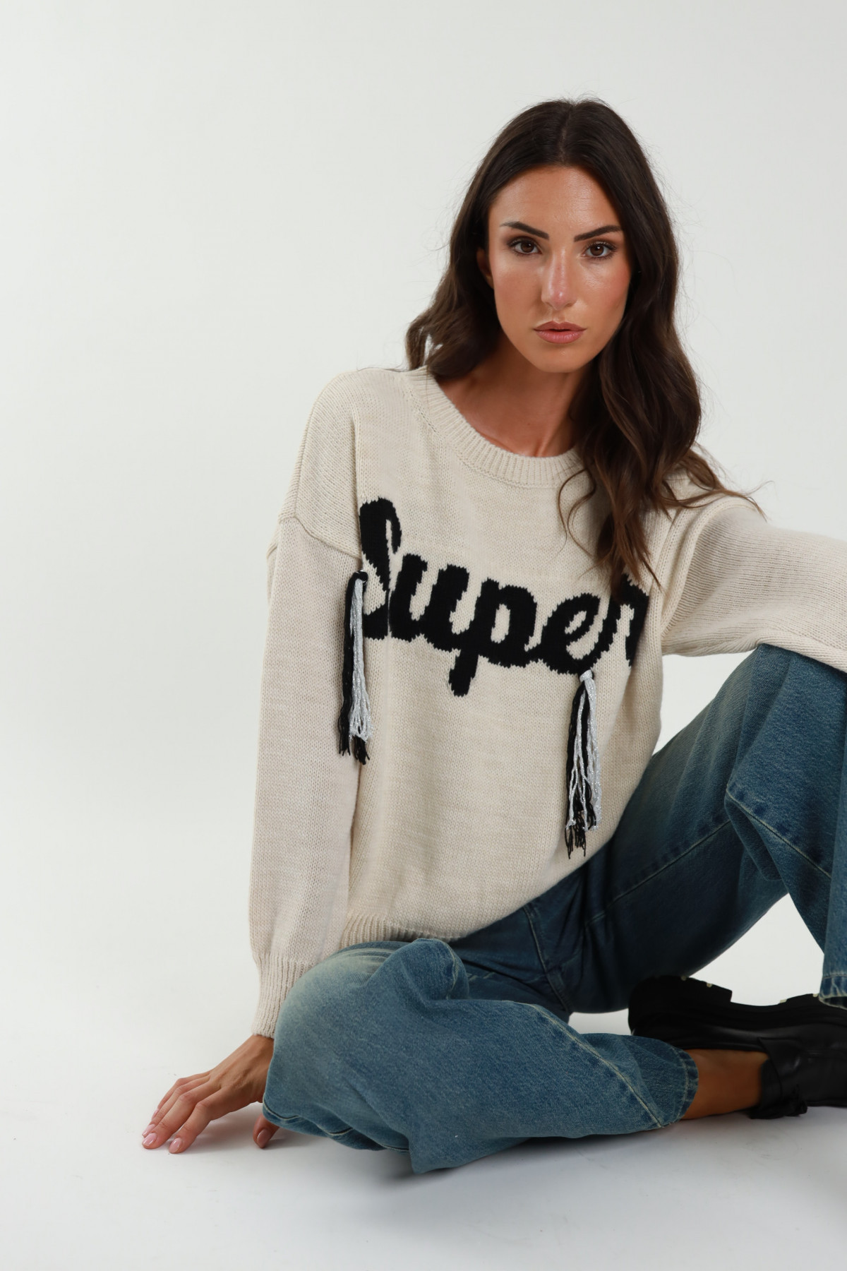 „Super“ Pullover mit Rundhalsausschnitt