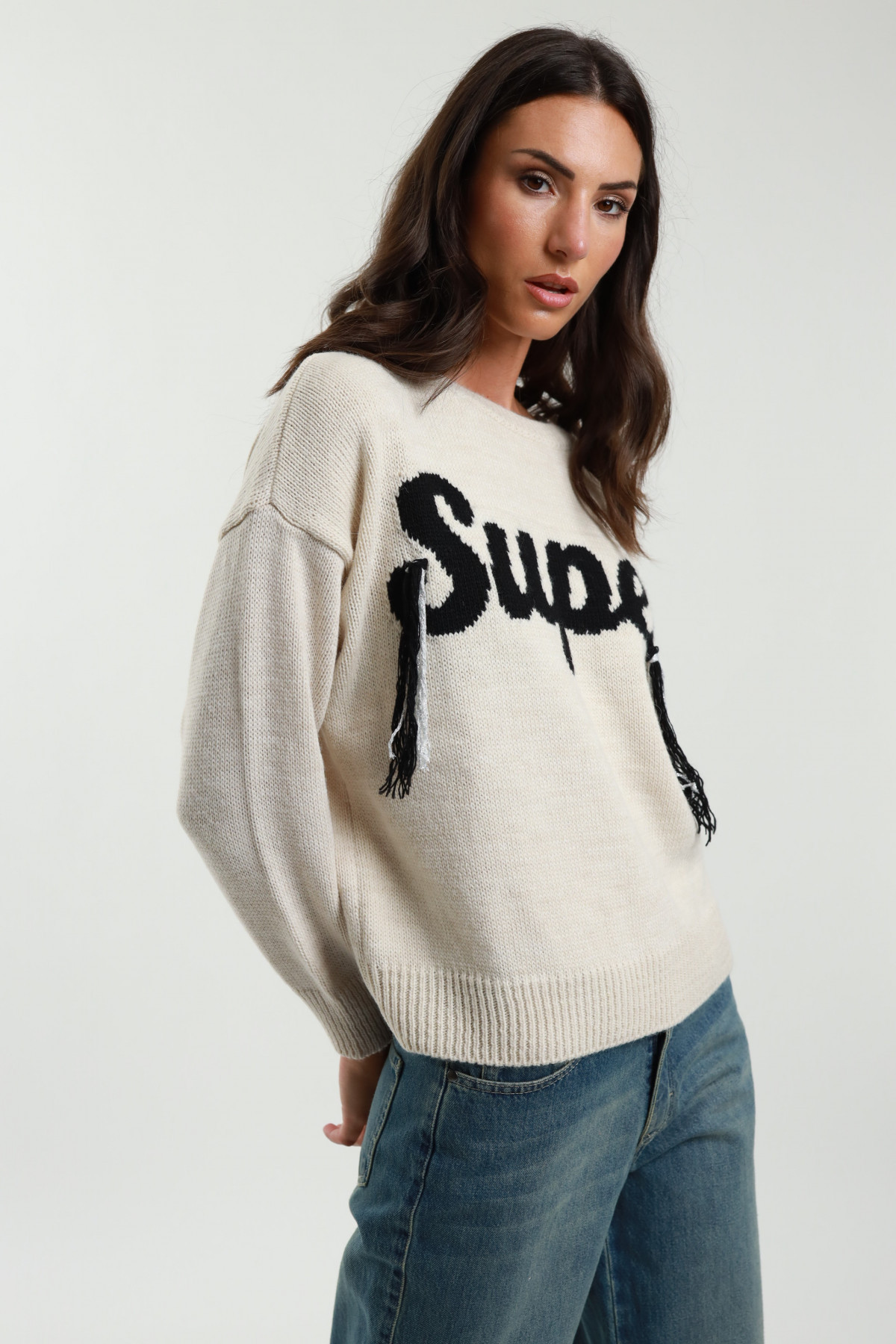 „Super“ Pullover mit Rundhalsausschnitt