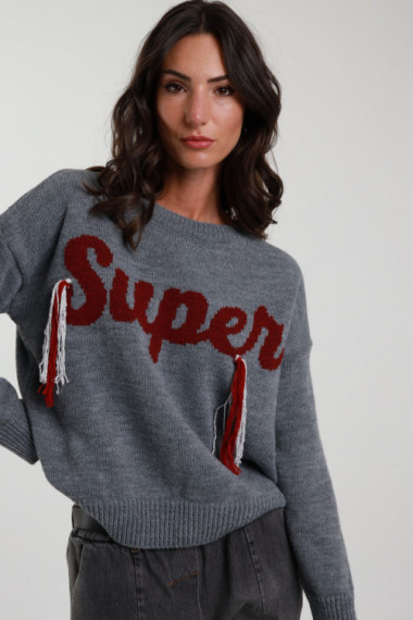 „Super“ Pullover mit Rundhalsausschnitt