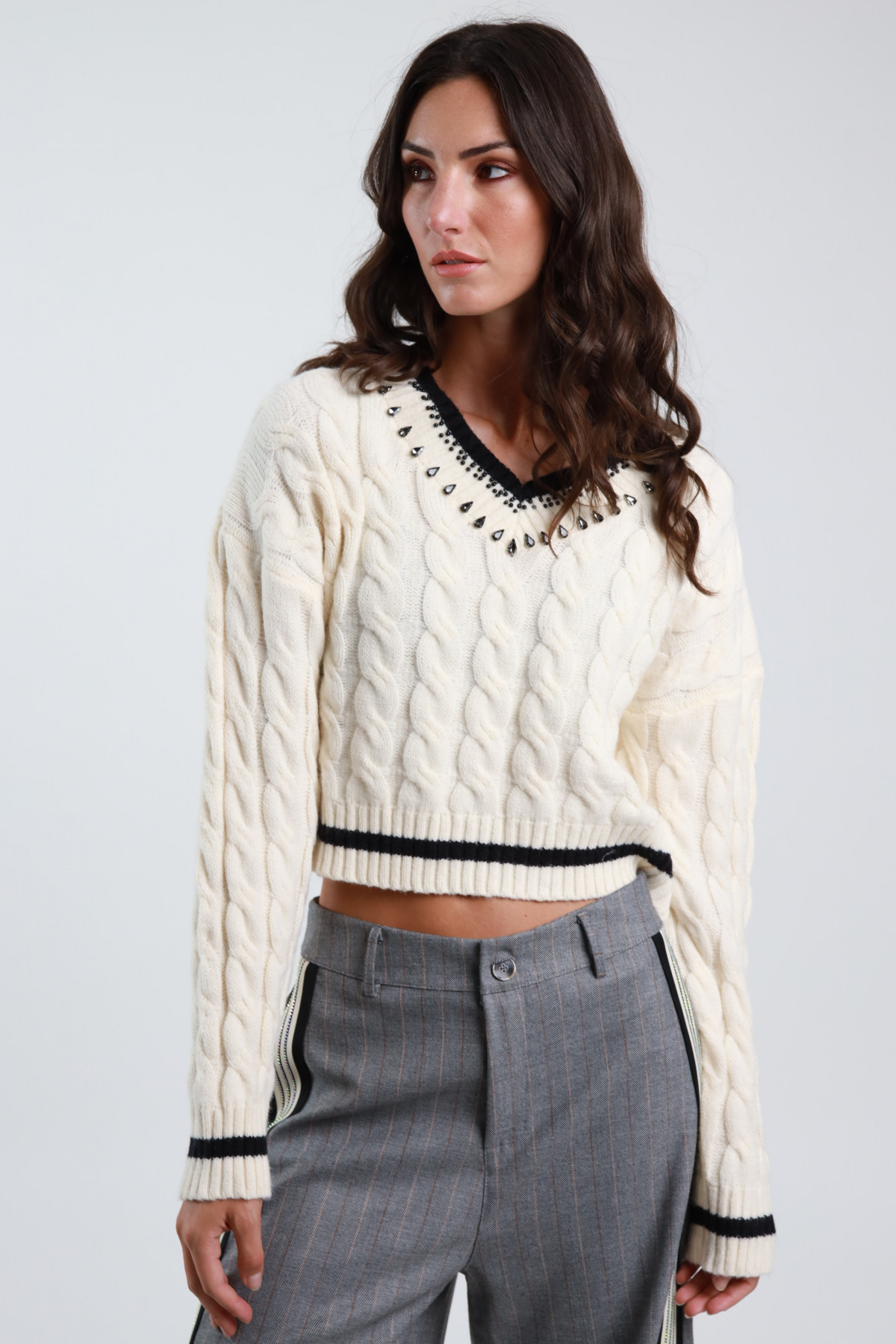 V-Neck Braided Sweater